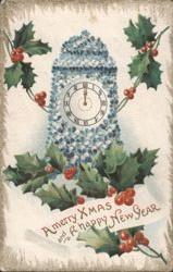 Christmas & New Year Clock with Holly & Forget-Me-Nots Greeting, 1910 Postcard