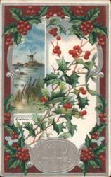 Merry Christmas with Holly, Berries, and Windmill Landscape Postcard