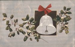 Merry Christmas Bell with Red Bow, Holly & Berries, Snow Postcard