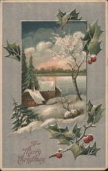 Winter Landscape with Holly, Snow-Covered House by Frozen Lake, A Merry Christmas Postcard