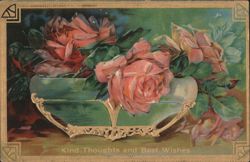 Painted Pink and Red Roses in Vase, Kind Thoughts and Best Wishes Postcard