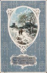 Christmas Greeting with Best Wishes, Winter Scene with Figures and Castle Postcard