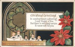 Christmas Greetings, Children Carolers, Poinsettias, Stained Glass Window Postcard