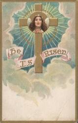 Easter He Is Risen Cross with Praying Woman Illustration Postcard