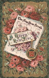 A Happy New Year Herald with Flowers and Gold Ornate Border Postcard