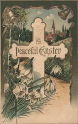 A Peaceful Easter Cross with Bells and Spring Flowers Postcard