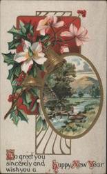 Happy New Year Greeting Card with Bells, Holly, Flowers, and Landscape Scene Postcard