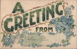 A GREETING FROM Foliage Text, Blue Forget-Me-Nots, Ornate Gold Design Postcard