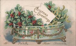 Christmas Greetings Holly Mistletoe Decorative Box Postcard