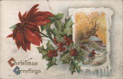 Christmas Greetings with Poinsettia, Holly, and Winter Landscape Postcard