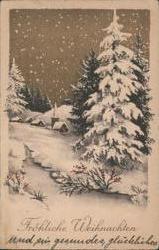 Snowy Christmas Village Scene with Evergreen Trees and German Greeting Postcard