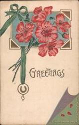 GREETINGS with Red Flowers, Green Ribbon & Horseshoe Charm Postcard
