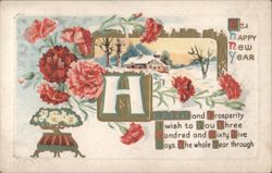 Happy New Year Greeting, Red Carnations, Winter Landscape, Large Letters Postcard