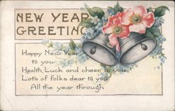 New Year Greeting with Bells, Pink Flowers & Forget-Me-Nots, 1933 Postmark Postcard