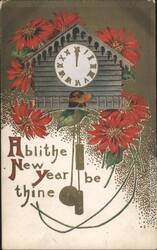 A Blithe New Year Be Thine Clock House with Poinsettias and Bird Postcard