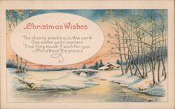 Christmas Wishes Winter Scene with Stream, Bridge, and House Postcard