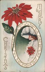 Merry Christmas Woman in Feathered Hat with Poinsettias Postcard