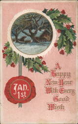 Happy New Year Greeting with Winter Cabin Scene and Holly Postcard