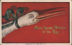 Stork with Green Ribbon and 'Many Happy Returns of the Day!' Greeting Postcard