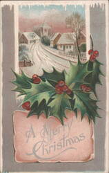 A Merry Christmas with Holly and Snowy Village Postcard