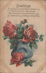Greeting's: Red Roses in Blue Vase with Sentimental Poem Postcard