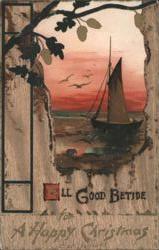 Sailing Boat at Sunset, 'A Happy Christmas' Greeting Postcard