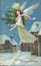 Angel Flying with Lit Christmas Tree over Snowy Village, Christmas Greetings Postcard