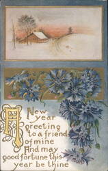 New Year Greeting with Winter Landscape and Blue Cornflowers Postcard