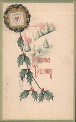 Christmas Greetings with Holly, Wreath, and Snowy Landscape Postcard
