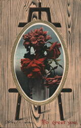 Red Roses in Oval Frame on Easel - 'To greet you.' Postcard