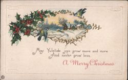 Merry Christmas Winter Scene with Birds, Holly, and Snow-Covered House Postcard
