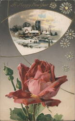 A Happy New Year Red Rose and Snowy Village Scene Postcard