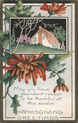 Thanksgiving Greetings with Autumn Chrysanthemums and Cottage Scene Postcard