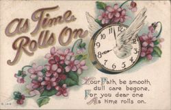 As Time Rolls On Winged Clock & Flowers with Poem Postcard