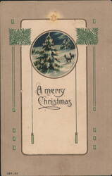 A Merry Christmas Greeting with Decorated Tree and Deer in Snowy Landscape Postcard
