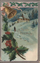 A Merry Christmas Snowy Church Scene with Holly and Bell Postcard