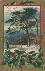 X-MAS GREETINGS Winter Scene with Snow-Covered Trees and Holly Postcard