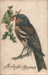 Christmas Bird with Holly and Berries, 'A Joyful Christmas' Greeting Postcard