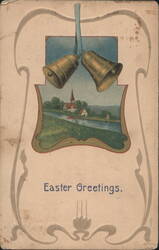 Easter Greetings with Bells and Village Scene Postcard