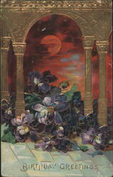 Birthday Greetings Archway with Moon and Purple Flowers Postcard