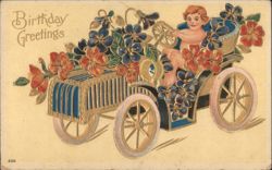 Birthday Greetings Cherubic Child Driving Flower-Decorated Car Postcard