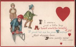 Children in Winter with Sled and Valentine Poem Postcard