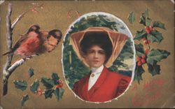 Woman in Red, Birds, and Holly with A Merry Christmas Greeting Postcard