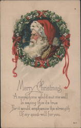 Santa Claus in Mistletoe Wreath with Christmas Poem Postcard