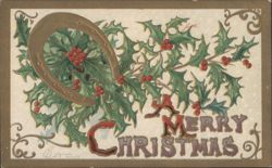 A Merry Christmas Horseshoe and Holly Greeting Postcard