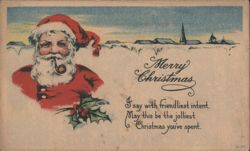 Santa Claus Smoking Pipe in Snowy Landscape Christmas Greeting with Poem Postcard
