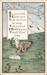 Child with Bunnies in Clover Field, Easter Card with Birch Trees Postcard