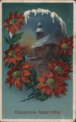 Snowy Church with Poinsettias, Christmas Greetings Postcard