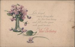 Violets in Vase Birthday Greeting with Handwritten Message Postcard