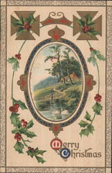 Merry Christmas Greeting with Holly, Berries, and Scenic Landscape Vignette Postcard